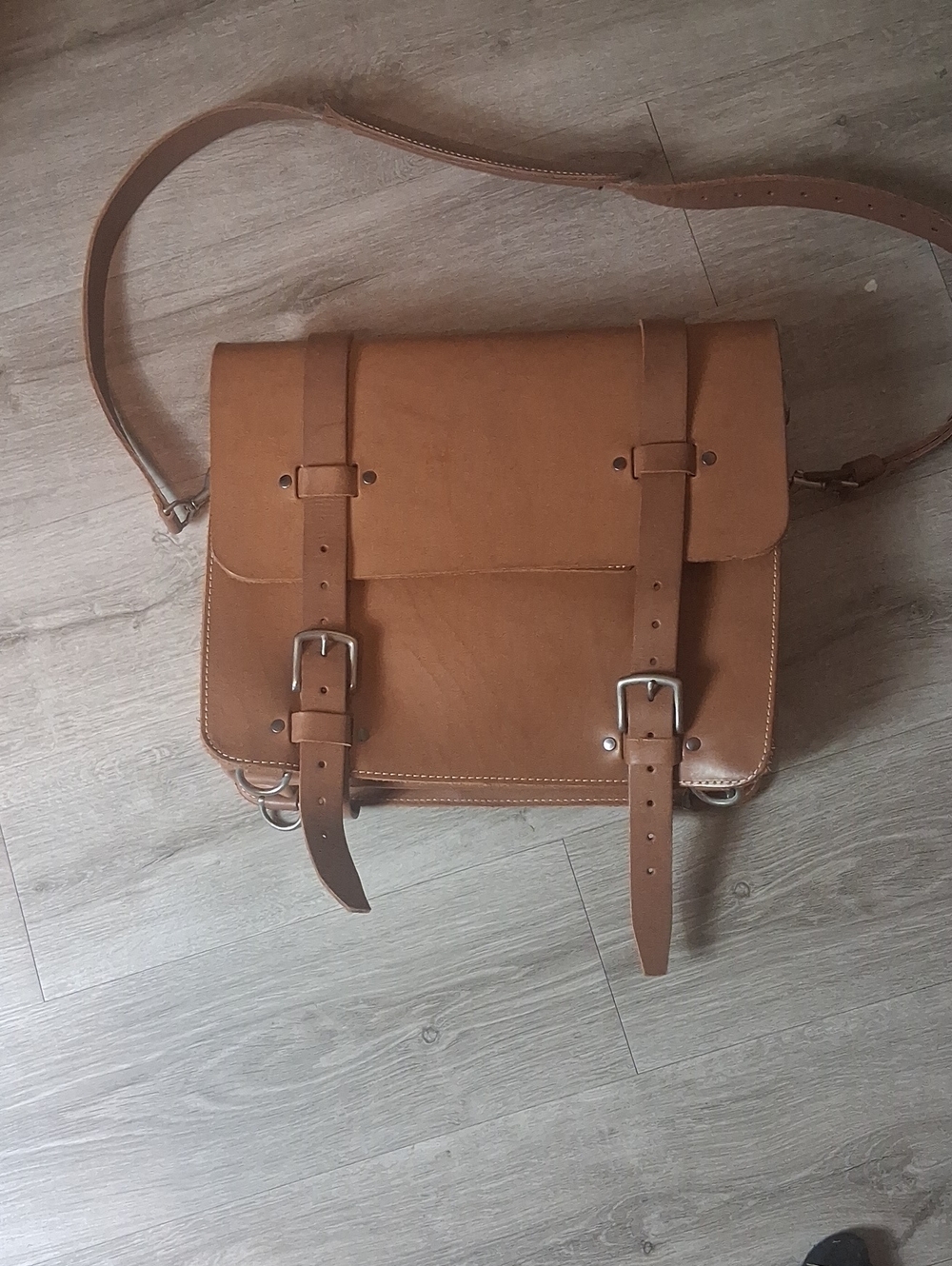 Men's Tan Leather Messenger Bag with Buckle Strap